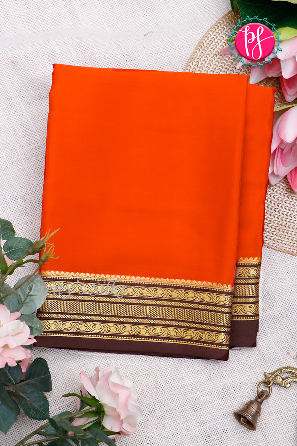 Pure Mysore Crepe Silk Saree-Saffron And Chocolatebrown-PA28981