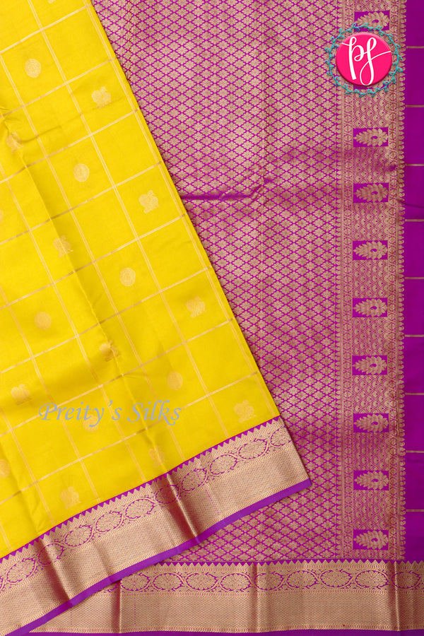 Pure Kanchipuram Silk Saree-Yellow And Purple-PA23588