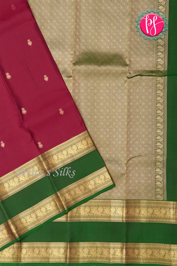 Half Pure Kanchipuram Silk Saree-Burgundy And Green-PA24684
