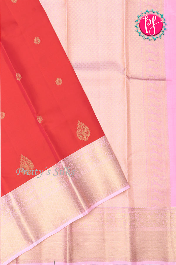 Half Pure Kanchipuram Silk Saree-Red And Babypink-PA25832