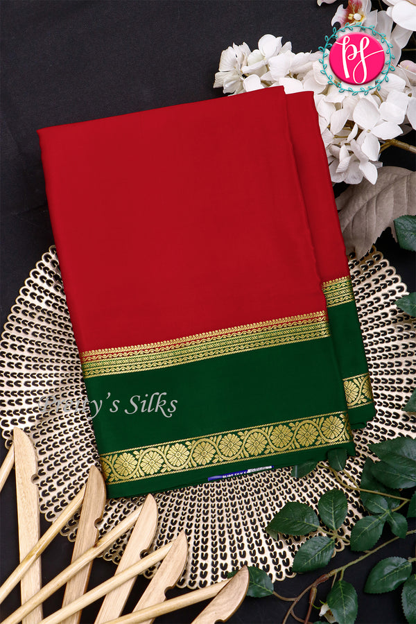 Pure Mysore Crepe Silk Saree-Red And Bottlegreen- PA22264