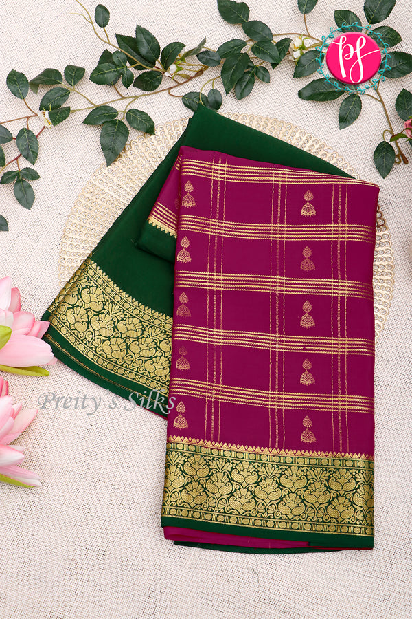 Pure Mysore Crepe Silk Saree-Bottlegreen And Mejentapink-PA46832