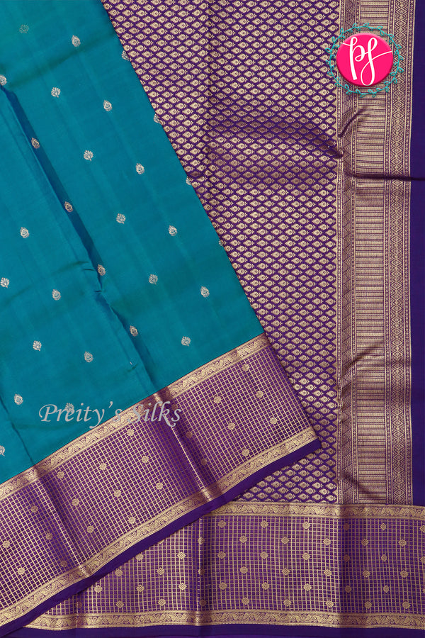 Half Pure Kanchipuram Silk Saree-Peacock blue And Purple-PA24692