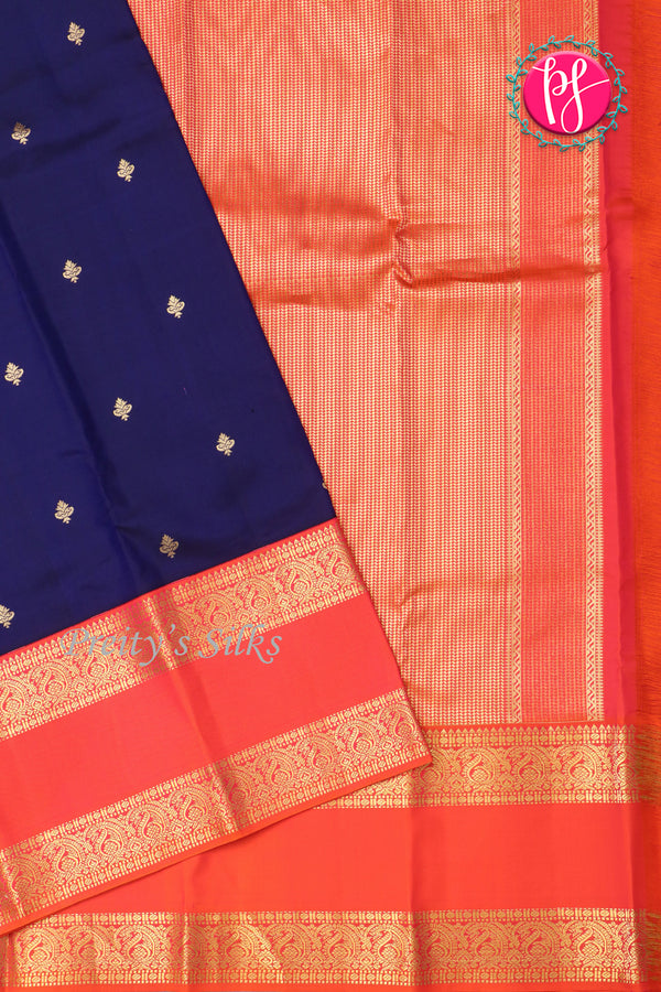 Pure Kanchipuram Silk Saree-Navyblue And Red-PA23514