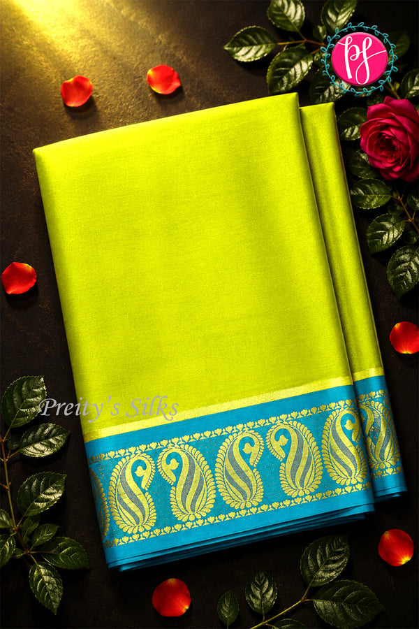 Pure Mysore Crepe Silk Saree -Olive green And Teal blue-PA47159