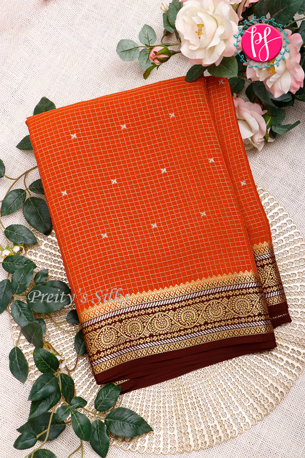 Pure Mysore Crepe Silk Saree-Rustorange And Marron-PA46766