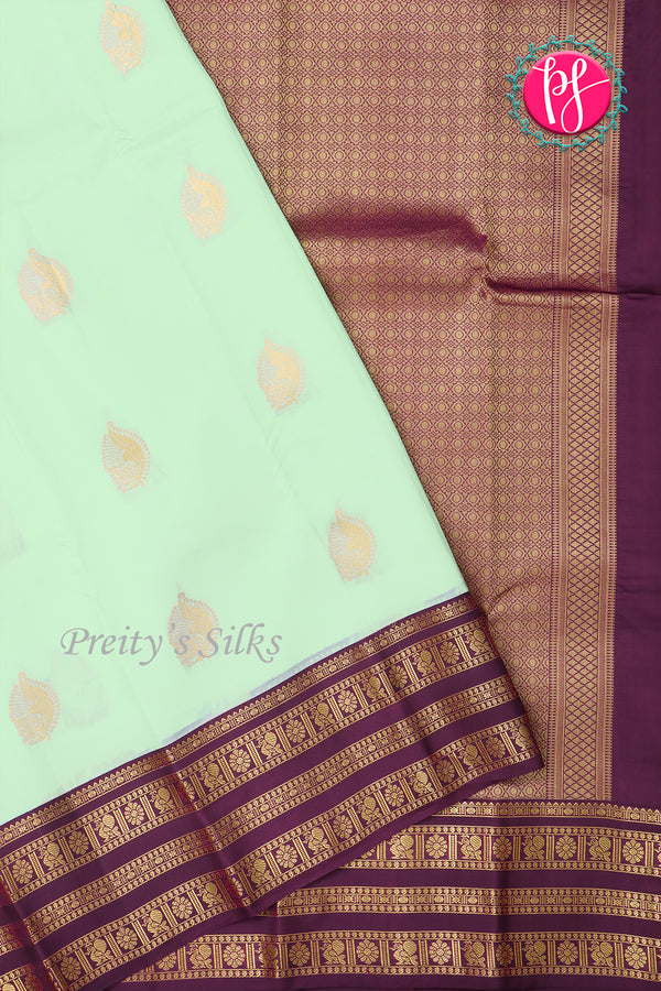 Half Pure Kanchipuram Silk Saree-Pastel Mint Green And Dark Purplish-pink-PA25832