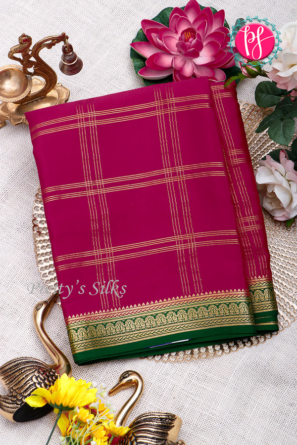 Pure Mysore Crepe Silk Saree-Double checks-Rich Magenta And Green-PA26523