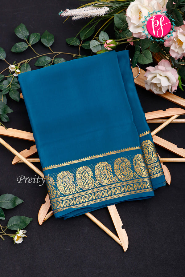 Pure Mysore Crepe Silk Saree-Mangoborder-Tealblue- PA35251