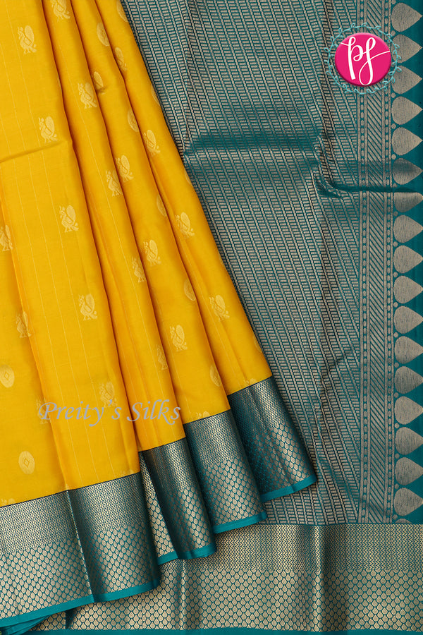Half Pure Kanchipuram Silk Saree-Yellow And Peacockblue-PF82168