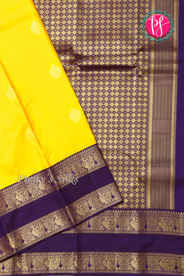 Pure Kanchipuram Silk Saree-Yellow And Navyblue-PA23514