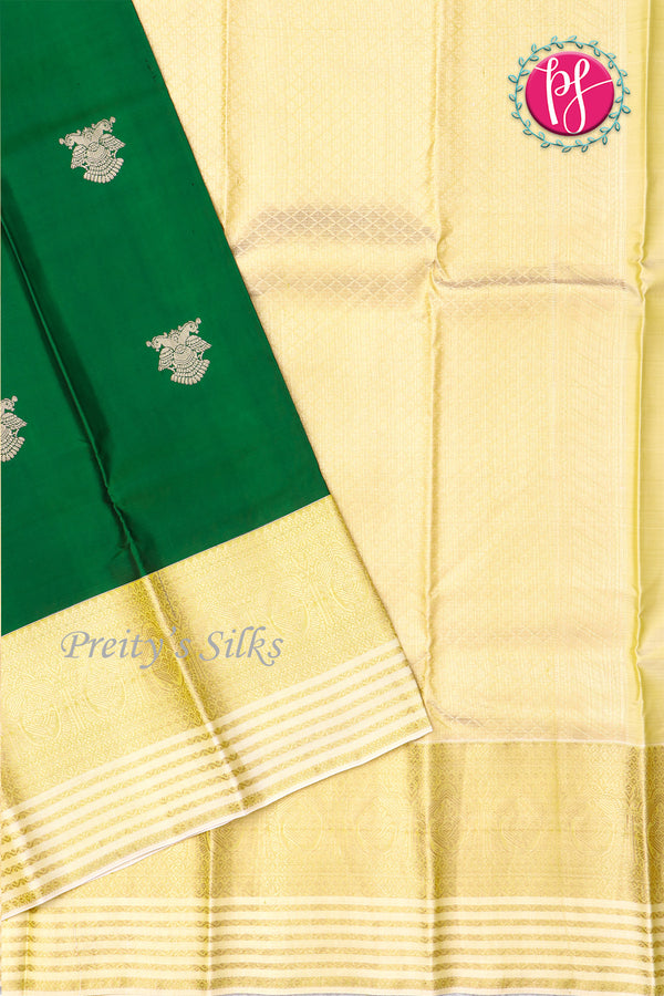 Pure Kanchipuram Silk Saree-Green And Creme-PF63080
