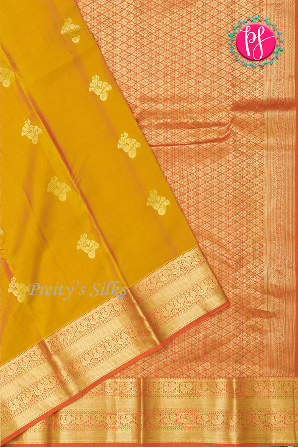 Half Pure Kanchipuram Silk Saree-Mustardyellow And RustOrange-PA24684