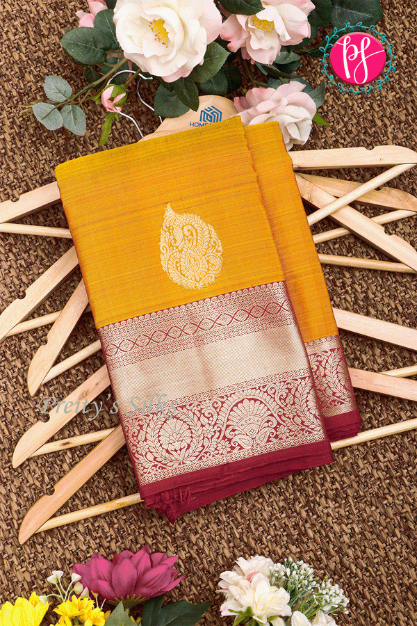 Pure Kanchipuram Silk Saree-Mustardyellow And Red-PA39422