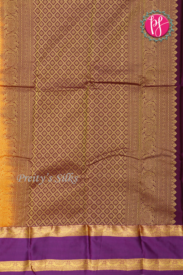 Semi Pure Kanchipuram Silk Saree-Mustard yellow And Purple-PF55938