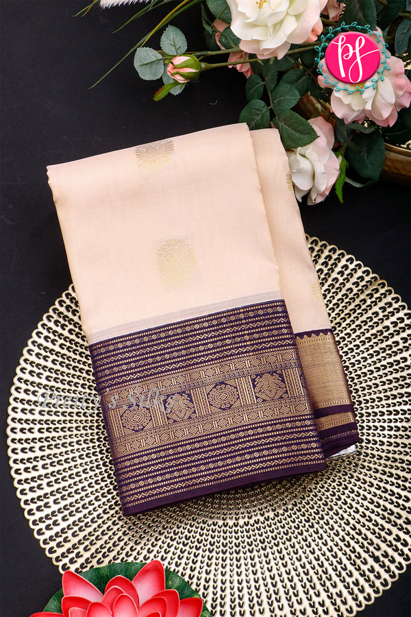 Half Pure Kanchipuram Silk Saree-Halfwhite And Navyblue-PA25826
