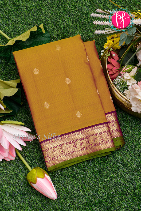 Pure Kanchipuram Silk Saree-Golden-brown And Wine-PA27118