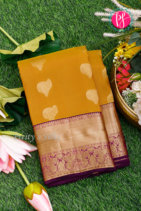 Half Pure Kanchipuram Silk Saree-Goldenyellow And Purple-PA25826