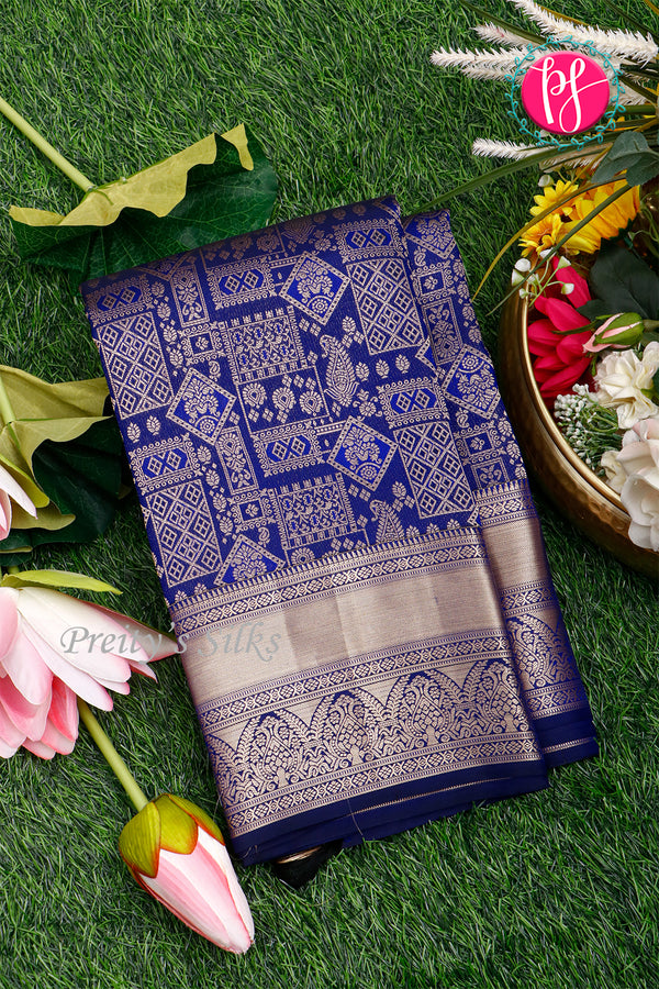 Pure Brocade Kanchipuram Silk Saree-Blue-PA24535