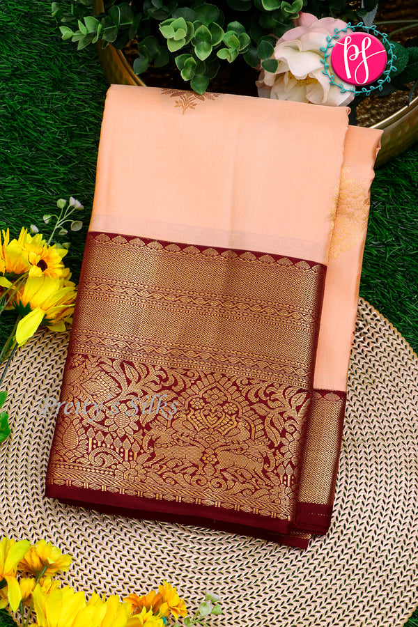 Pure Kanchipuram Silk Saree-Peach And Maroon-PA23514