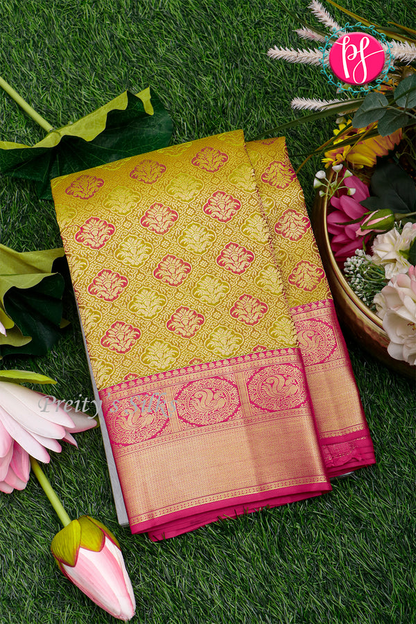 Pure Brocade Kanchipuram Silk Saree-Greenish-gold And Pink-PA27189
