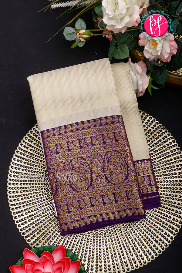 Half Pure Kanchipuram Silk Saree-White And Purple-PA25826