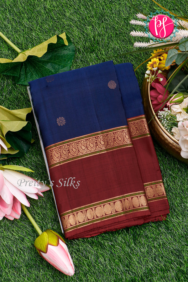 Pure Kanchipuram Silk Saree-Blue And Marron-PA17552