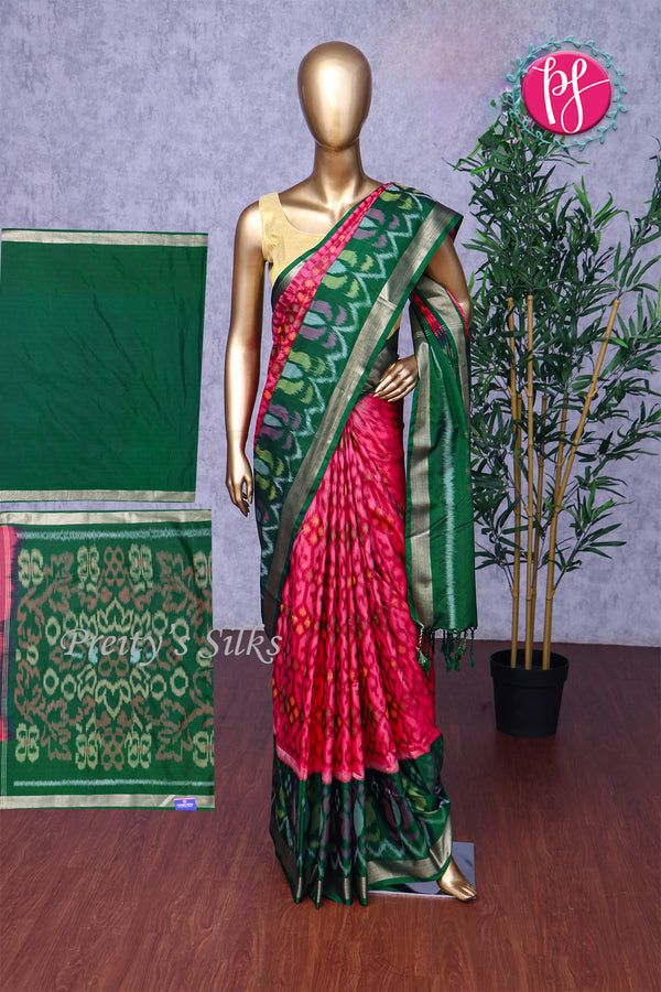 Semi Ikkat Pochampally silk saree-Red And BottleGreen-PA03525