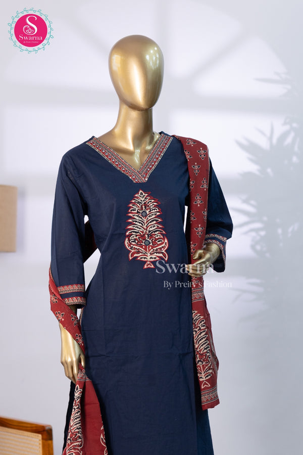Midnight Grace Navy Blue Cotton Suit Set-SWRM647