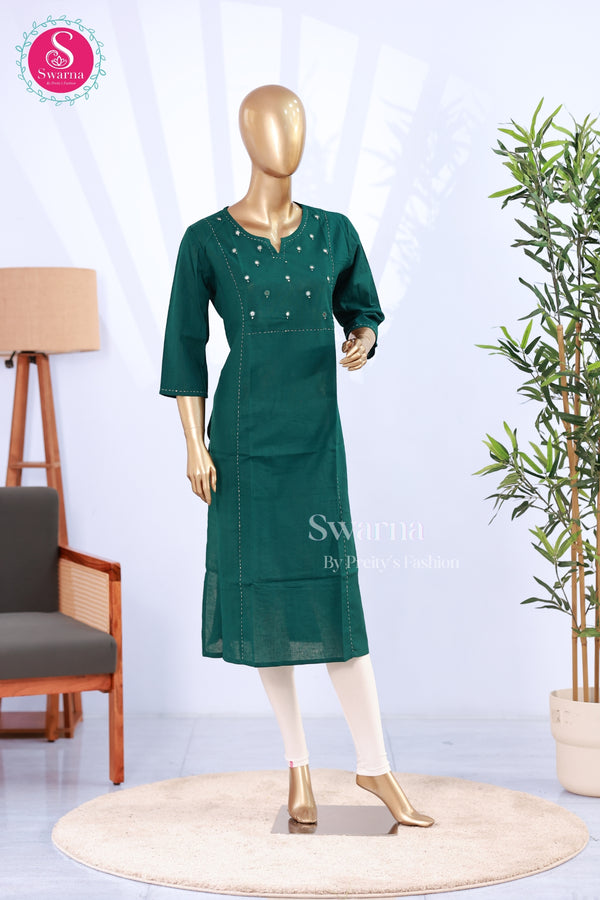 A straight fit cotton teal green top with mirror work - SWRM004
