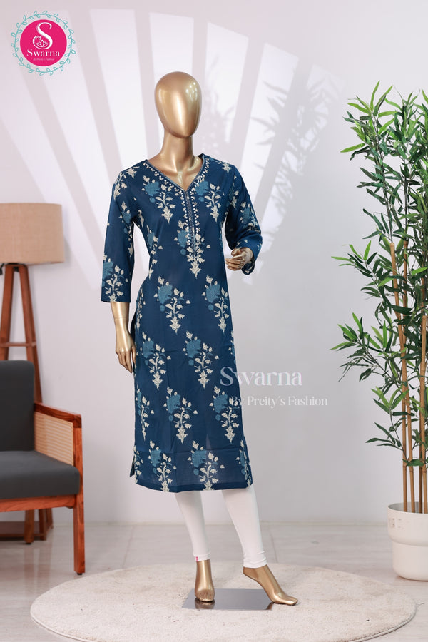 Dark Peacock Blue Floral Embroidered Straight Kurta-SWRM022