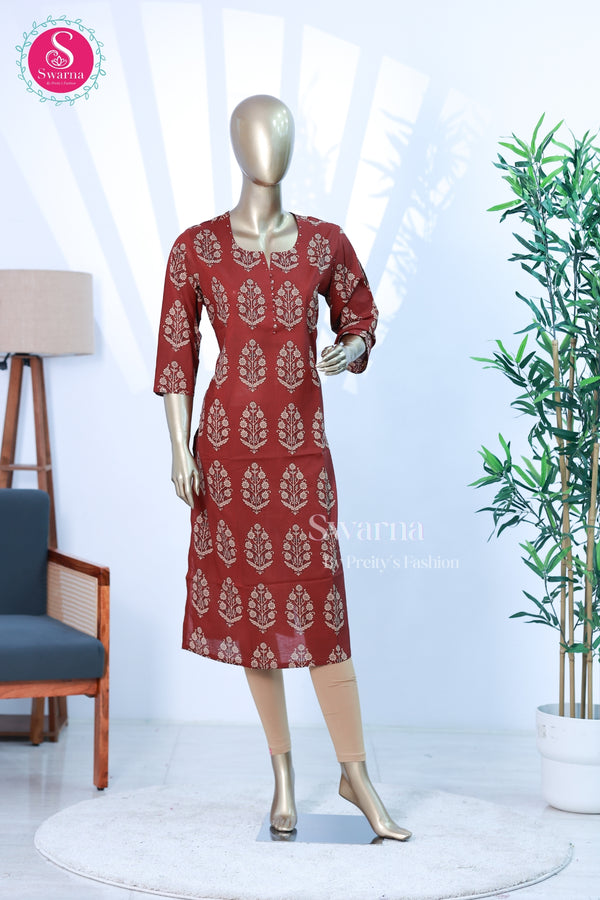 Elegant maroon cotton top with ethnic block print-SWRM018