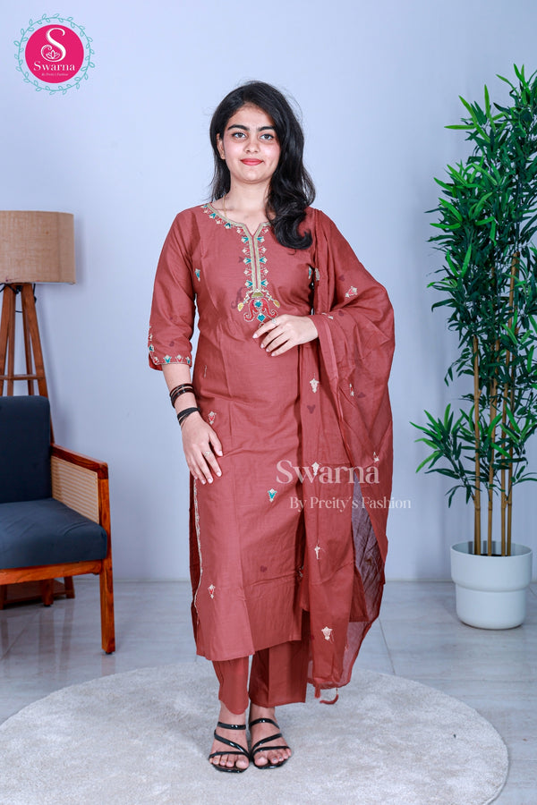 Brick brown Embroidered Straight Kurta with Pant and Dupatta Set-SWRM328