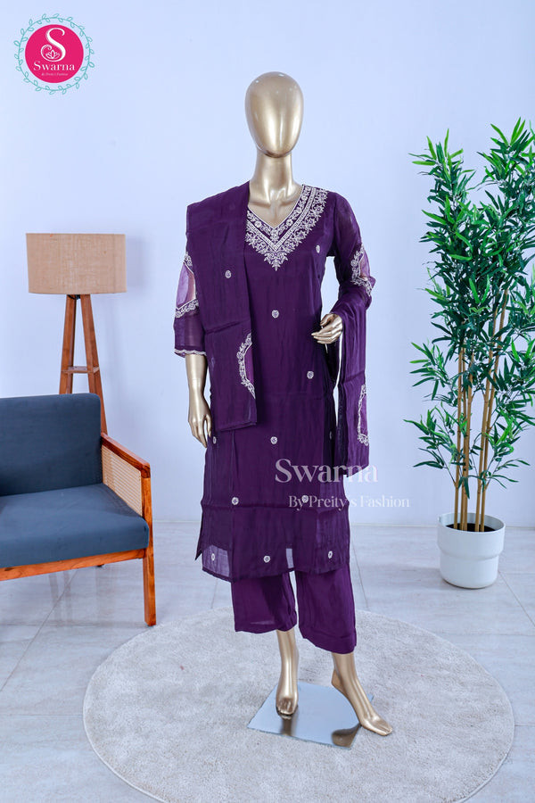 Royal Plum Chanderi Cotton Suit Set-SWRM260