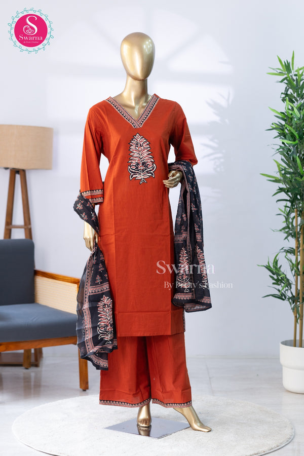 Rust Bloom Cotton Suit Set with Printed Dupatta-SWRM642