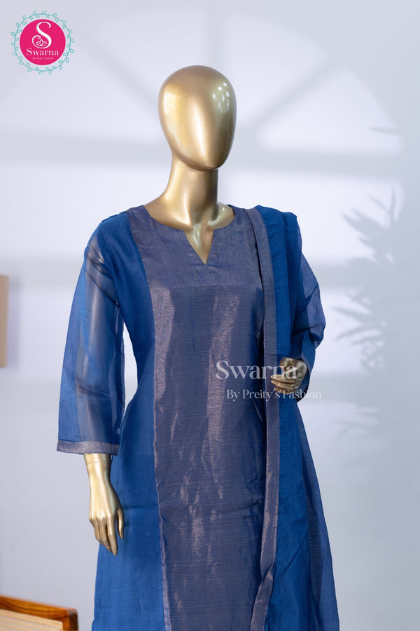 Elegant royal blue kurta set with matching pants and a lightweight dupatta -SWRM254