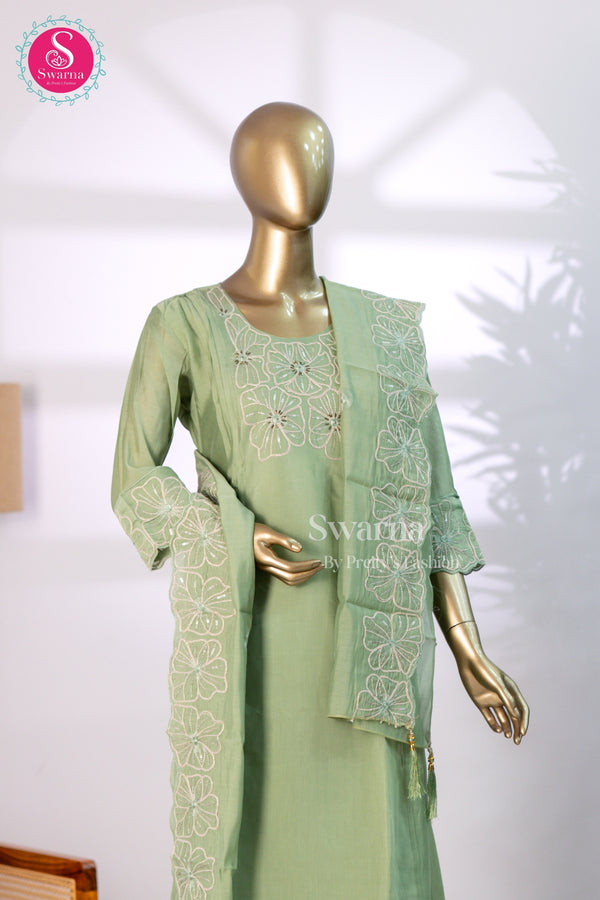Sage Green Blossom Chanderi Cotton Blend Suit Set-SWBL221