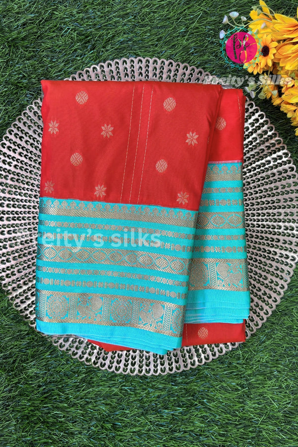 Semi Kanchipuram Silk Saree -Red with Skyblue-PA39339
