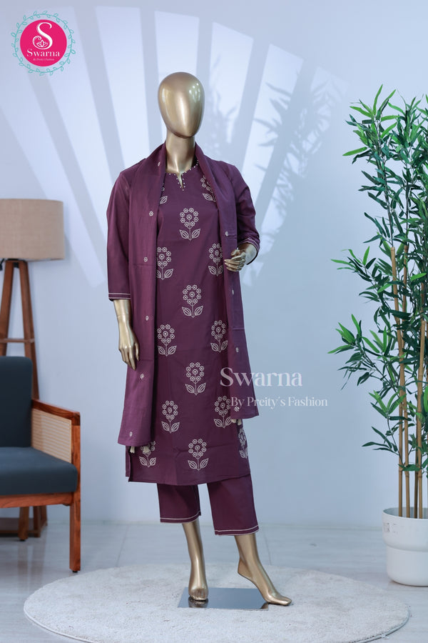 Plum Purple Floral Embroidered 3-Piece Kurta Set-SWRM153