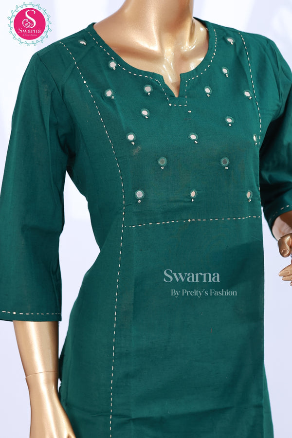A straight fit cotton teal green top with mirror work - SWRM004
