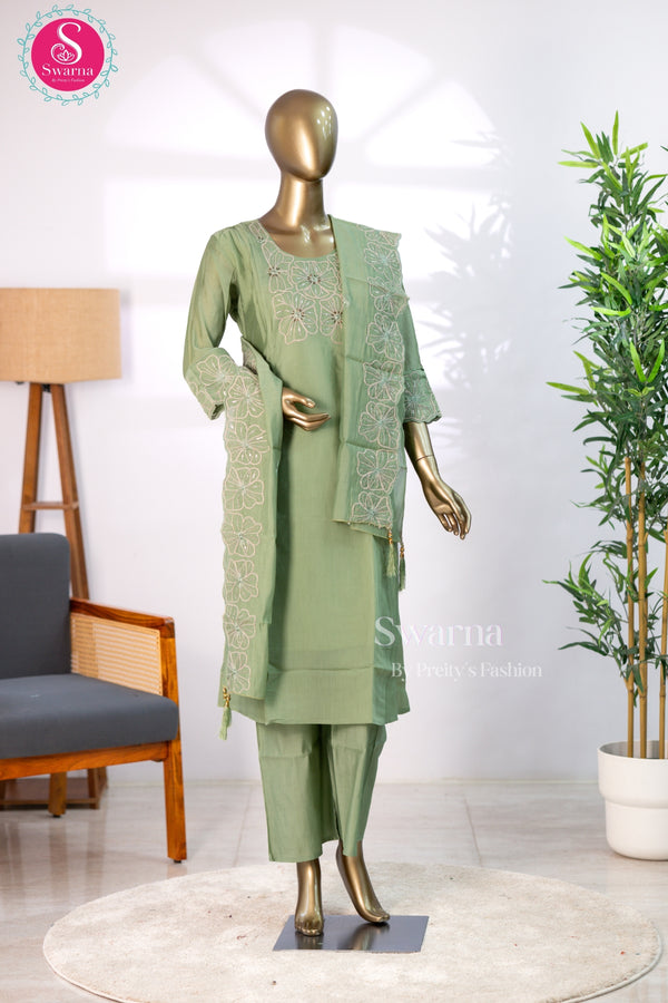 Sage Green Blossom Chanderi Cotton Blend Suit Set-SWBL221