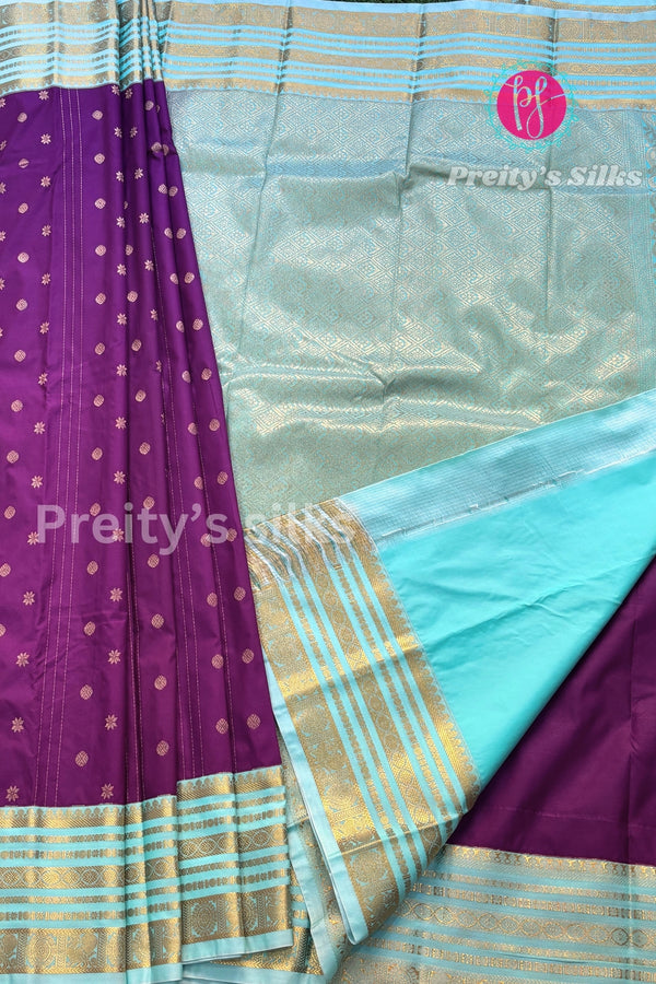 Semi Kanchipuram Silk Saree -Purple with Skyblue-PA39339