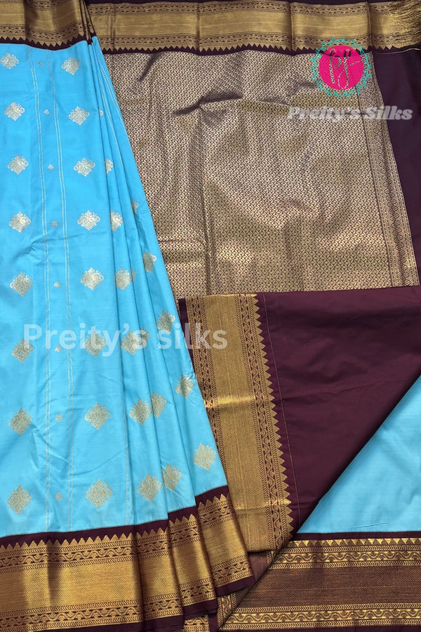 Semi Kanchipuram Silk Saree -Skyblue with Deepbrown-PA39339