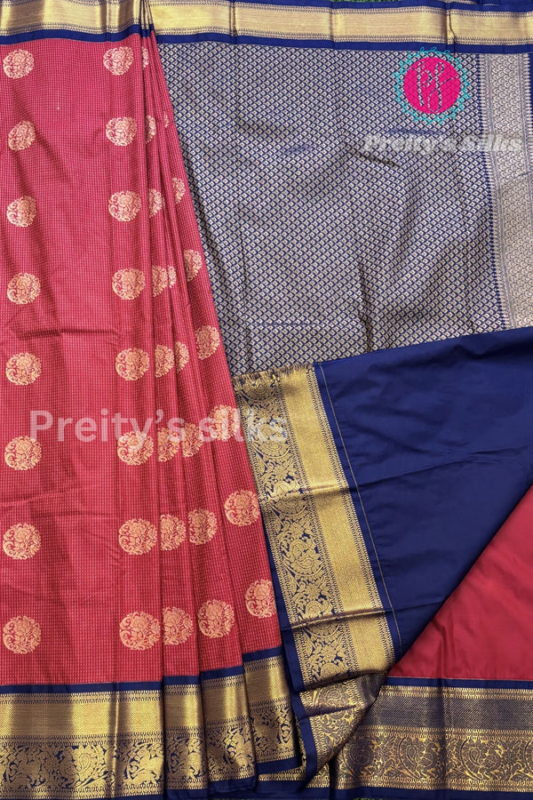 Semi Kanchipuram Silk Saree -DeepRed with Navyblue-PA39339