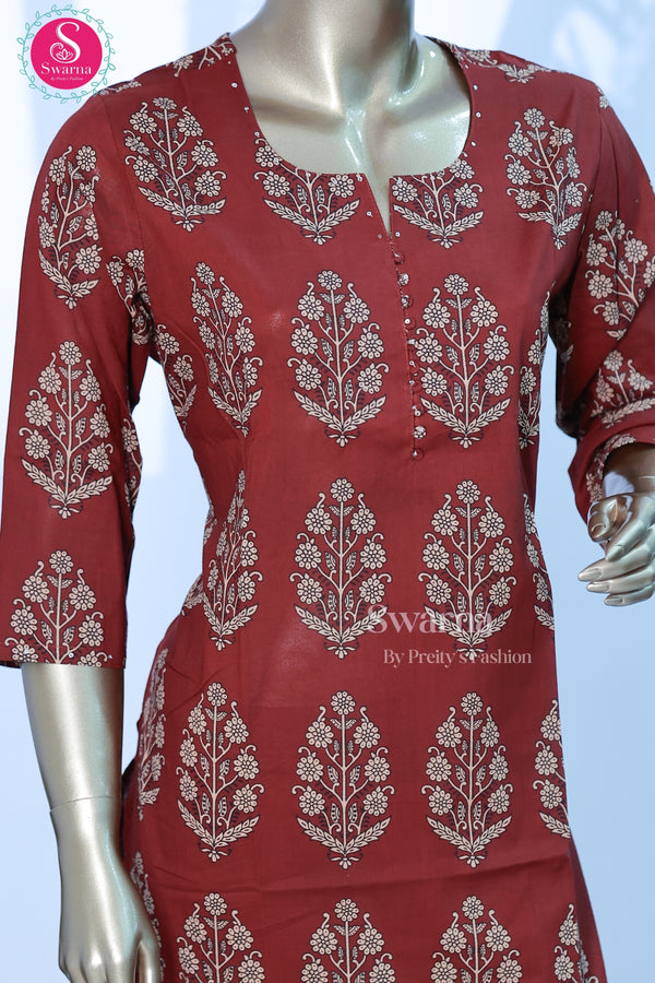 Elegant maroon cotton top with ethnic block print-SWRM018