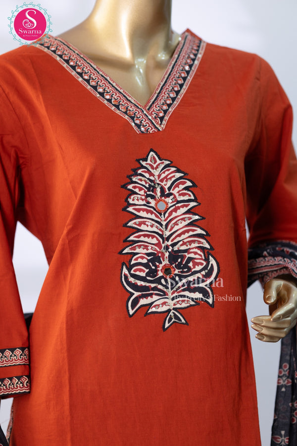 Rust Bloom Cotton Suit Set with Printed Dupatta-SWRM642