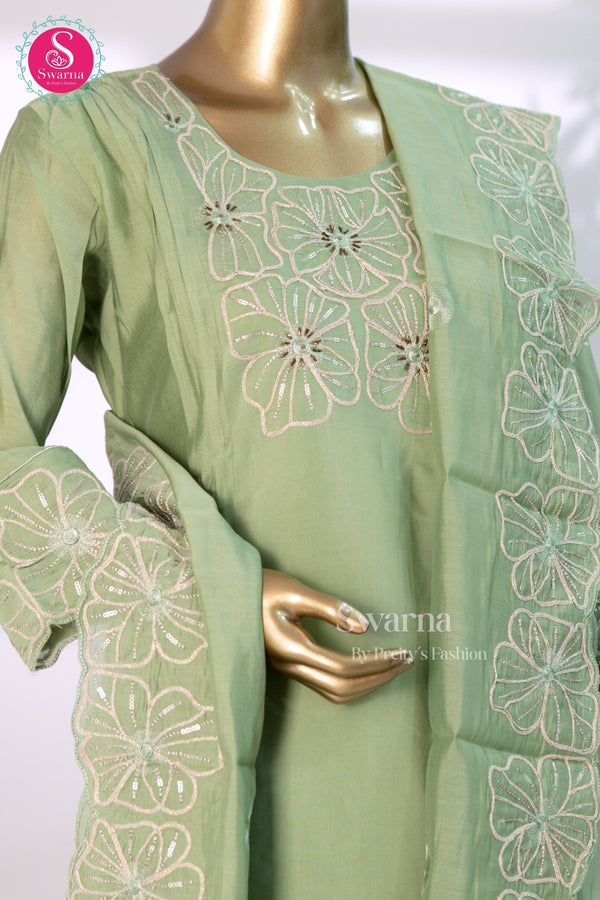 Sage Green Blossom Chanderi Cotton Blend Suit Set-SWBL221