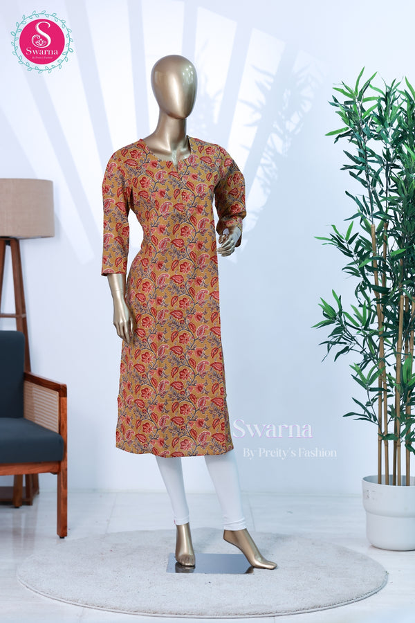 mustard yellow cotton top with elegant floral and paisley prints-SWRM025