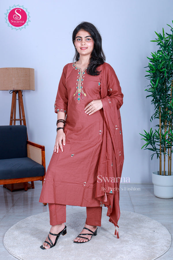 Brick brown Embroidered Straight Kurta with Pant and Dupatta Set-SWRM328