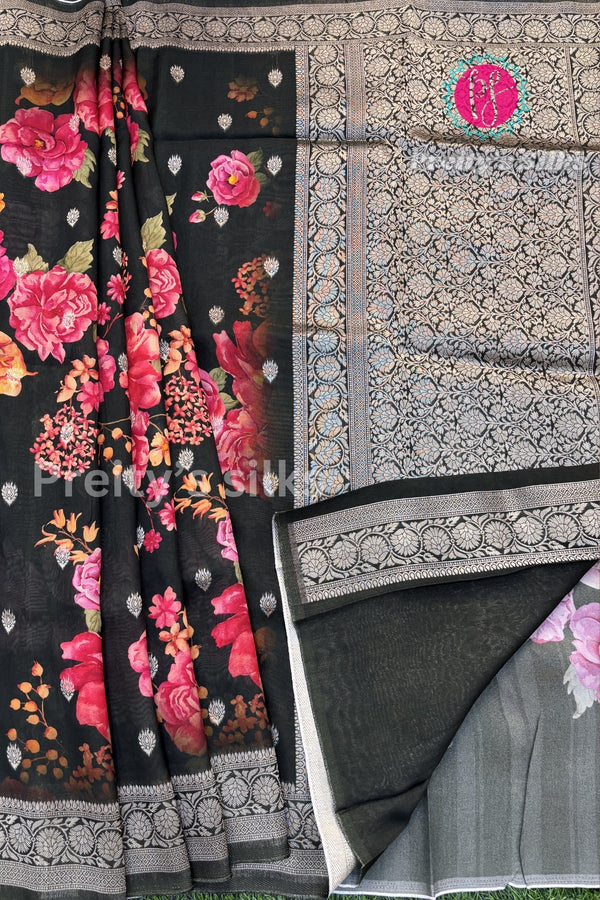 Tussar Silk Saree with Floral Print-PF58917